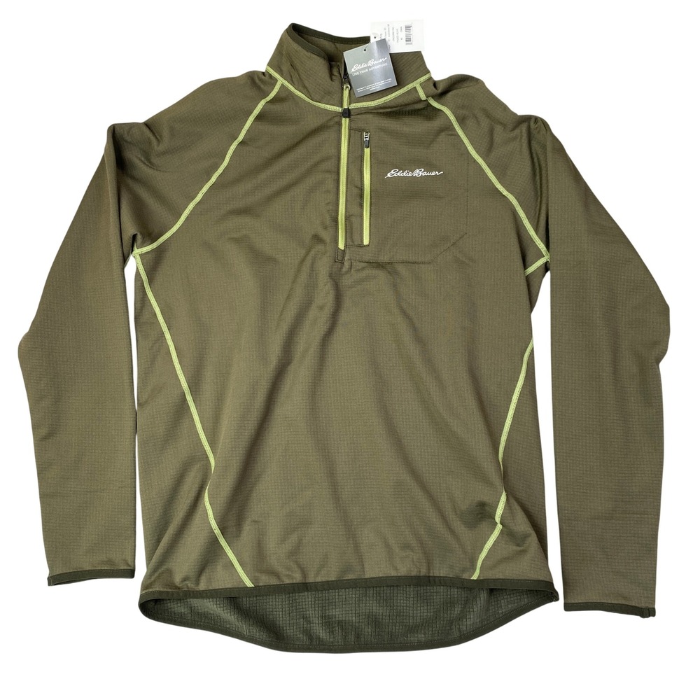Eddie Bauer Atlas Grid Mock Neck 1/4 Zip Pullover Men M Olive Fleece Ski NWT